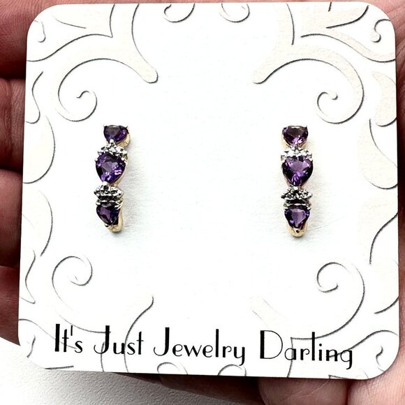 14K Yellow Gold Womens Earrings Pierced Amethyst Heart Diamond Gift Idea for Her - Picture 2 of 3